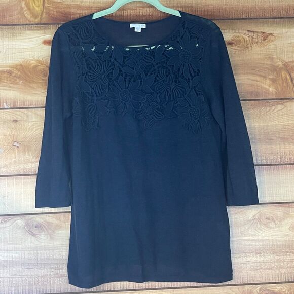 J Jill Womens Top Small Embroidered Knit Linen Blend Floral 3/4 Sleeve Navy Blue - Picture 1 of 8